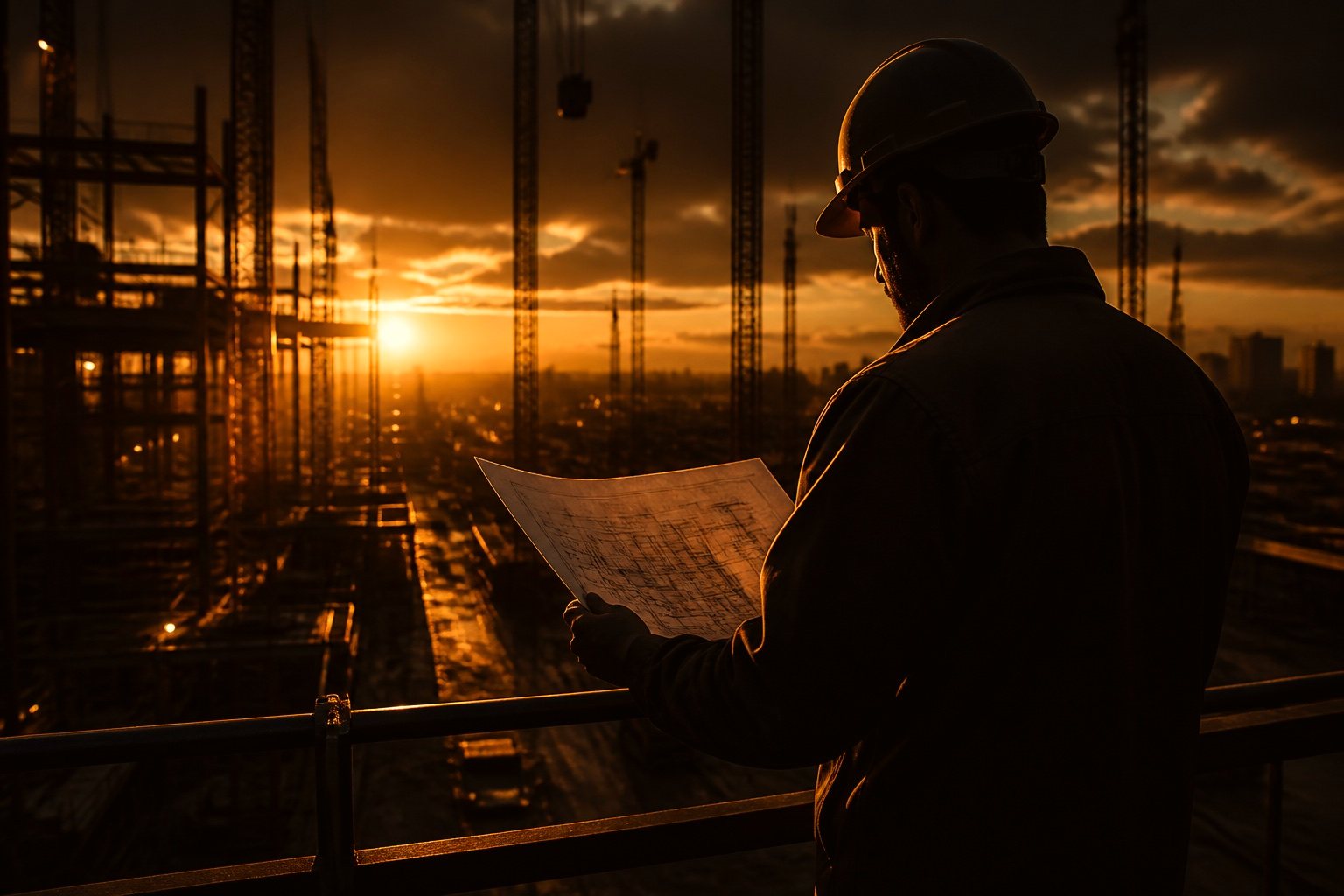 Engineer reviewing drawings on an industrial construction site
